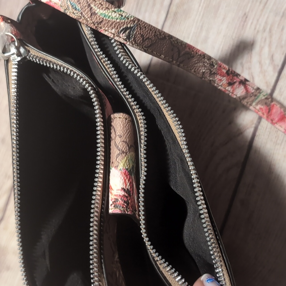 Nine West Coated Canvas Ligh Brown With Pink Floral Pattern Crossbody Bag - Picture 11 of 16